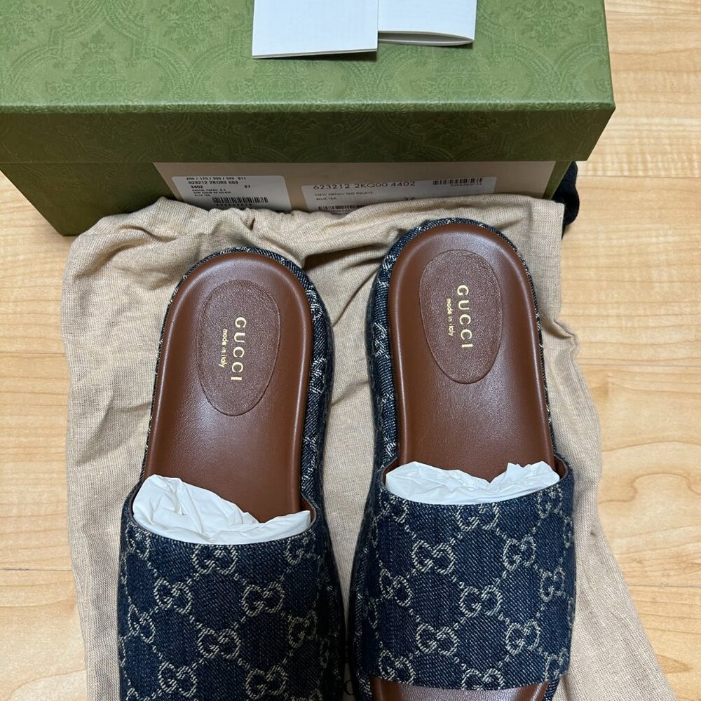 Gucci Denim GG Canvas Platform Sandals in Blue and Brown - Picture 5 of 6